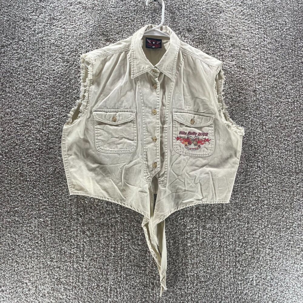 Vintage Bikers World Vest Womens XL Tan Bike Rally 2002 Logo Myrtle Beach SC Y2K
